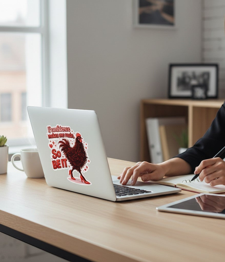 Todo Tumi Confidence Gallina sticker featuring a black hen in red heels on a laptop with the text So BE IT.