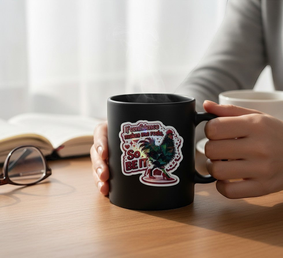 Todo Tumi Confidence Gallina sticker on a black mug, featuring a black hen in red heels with bold text.