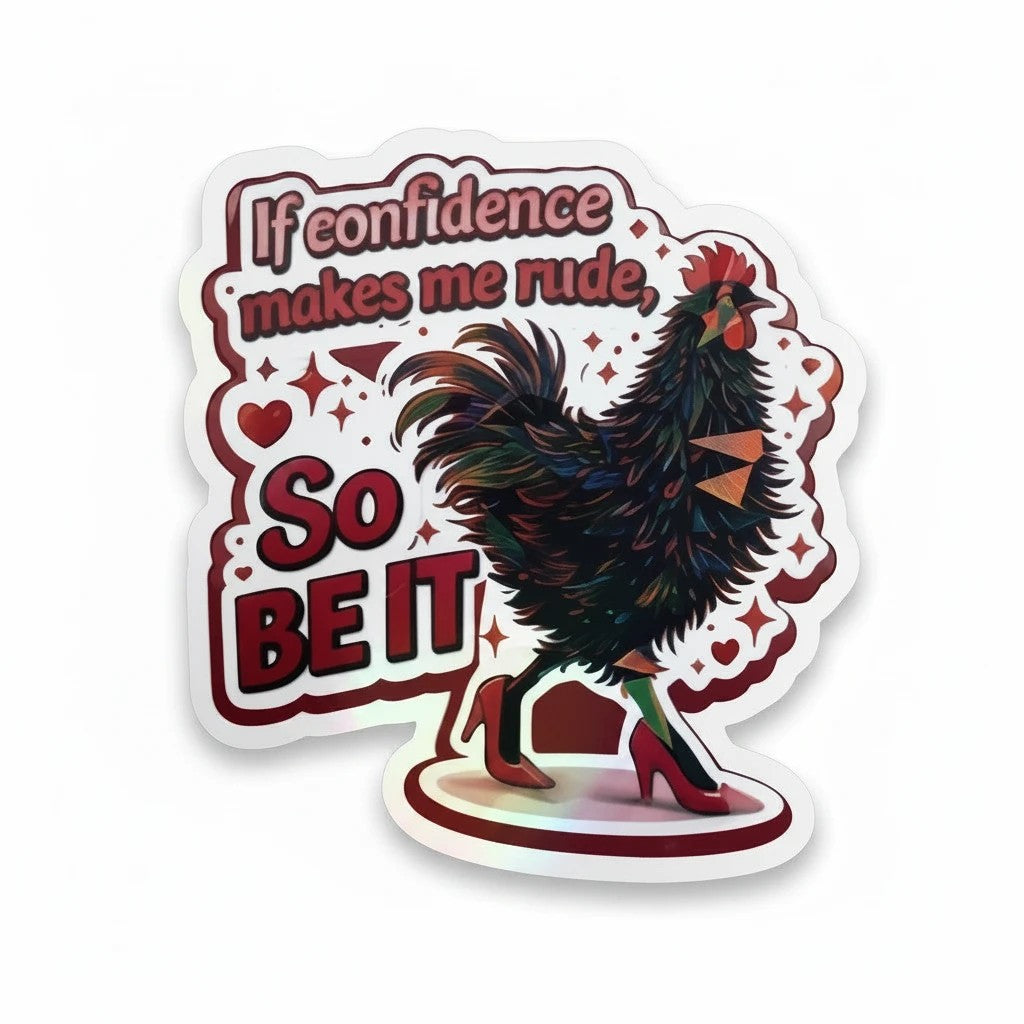 Todo Tumi Confidence Gallina sticker featuring a black hen in red high heels with the text If confidence makes me rude