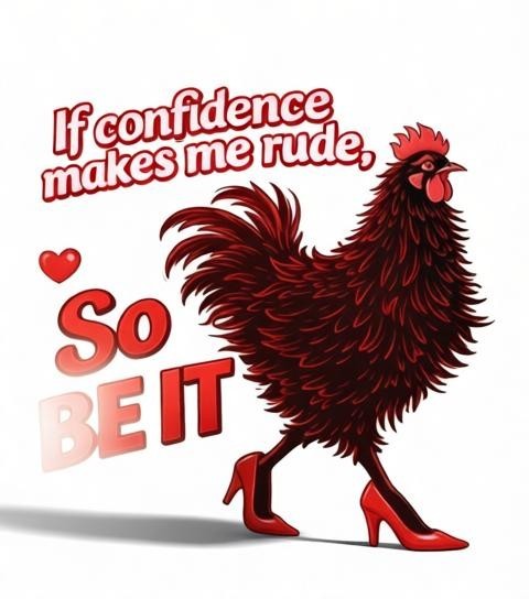 Todo Tumi sticker featuring a black hen wearing red high heels with the text If confidence makes me rude, So BE IT.