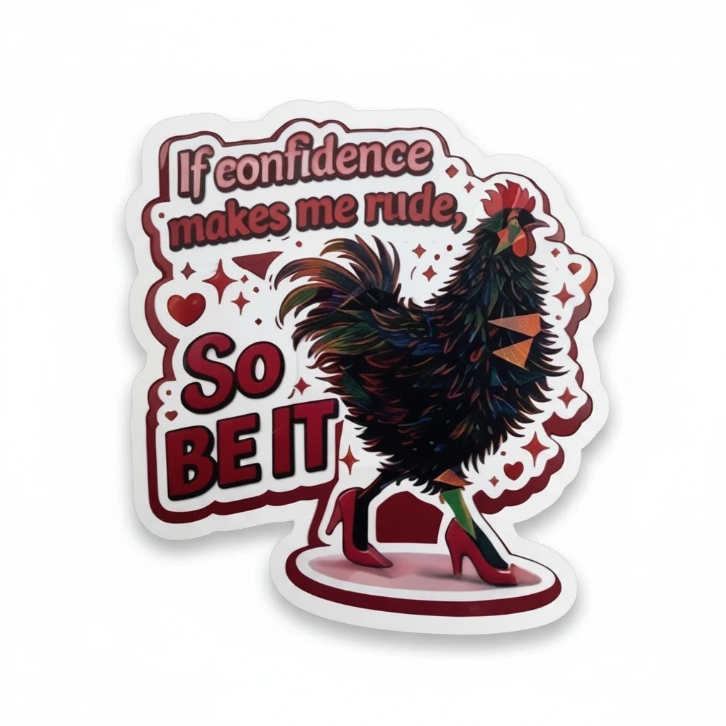 Todo Tumi Confidence Gallina sticker featuring a black hen in red high heels with the text If confidence makes me rude