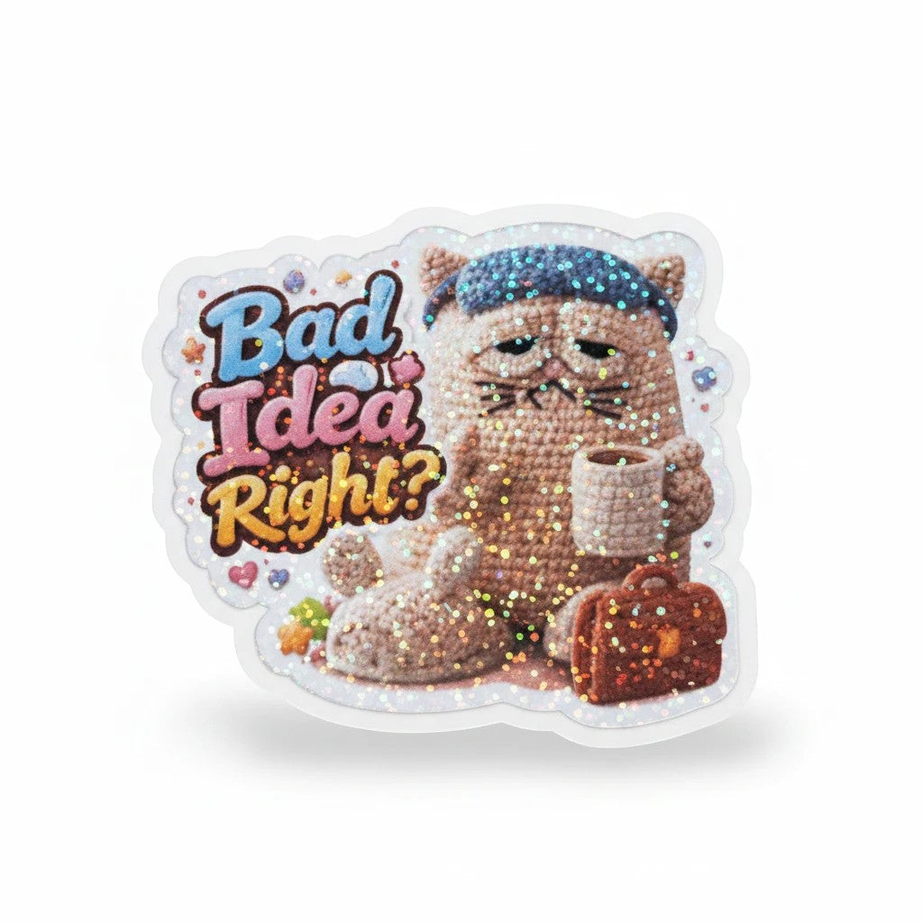 Todo Tumi laminated sticker featuring a grumpy crochet cat with a coffee cup and briefcase, text reads Bad Idea Right?