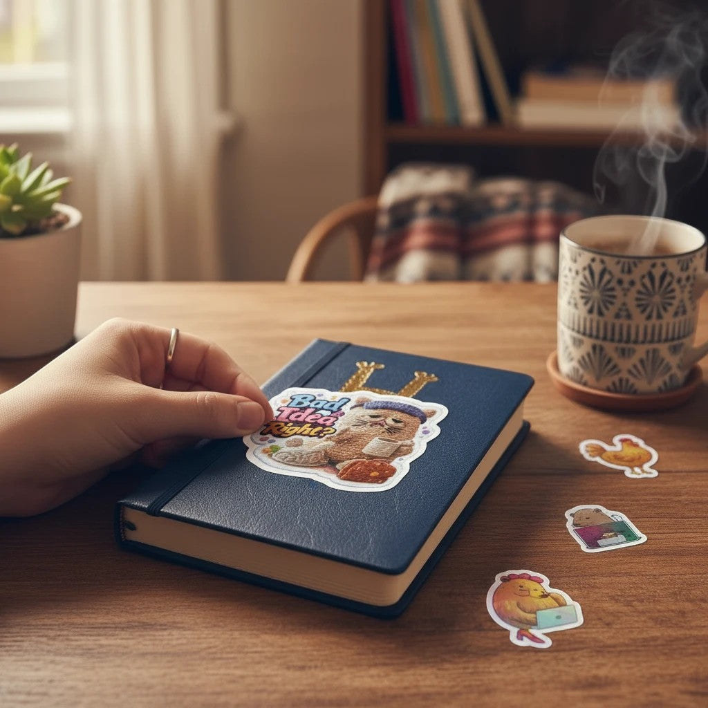 Todo Tumi laminated sticker featuring a grumpy crochet cat with a coffee cup and the text Bad Idea Right on a notebook