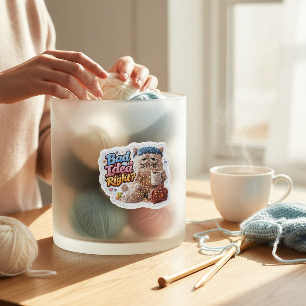 Todo Tumi Bad Idea Right? laminated sticker featuring a grumpy crochet cat with a coffee cup on a yarn storage jar.