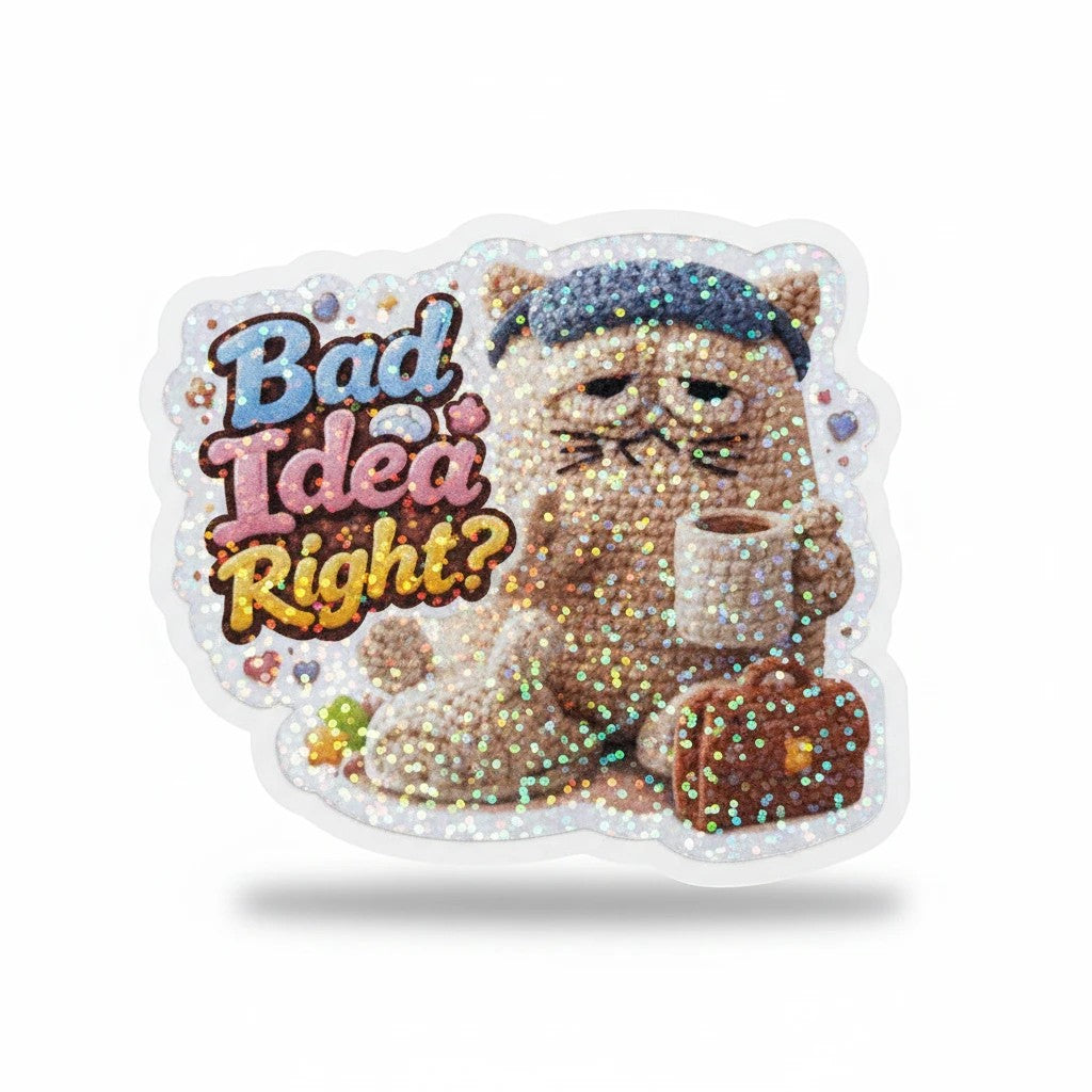 Todo Tumi laminated sticker featuring a grumpy crochet cat with a coffee cup and briefcase, text reads Bad Idea Right?
