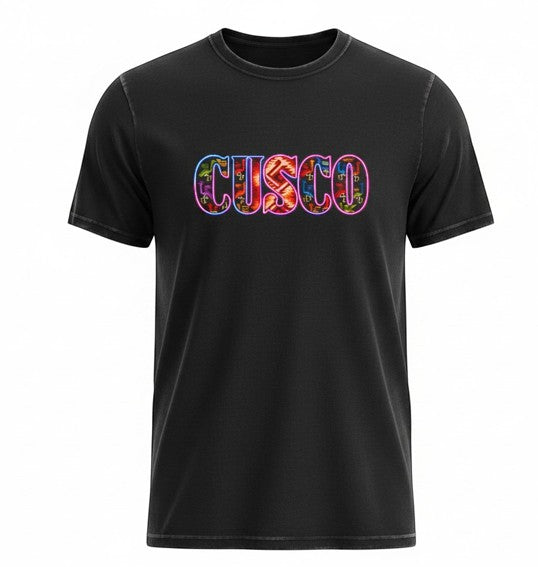 Todo Tumi black 100% cotton unisex t-shirt featuring a colorful Cusco Inti Raymi graphic print on the chest.