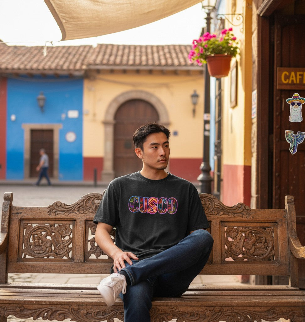 Man wearing a black Todo Tumi Cusco Inti Raymi cotton t-shirt with colorful graphic lettering, sitting on a bench.