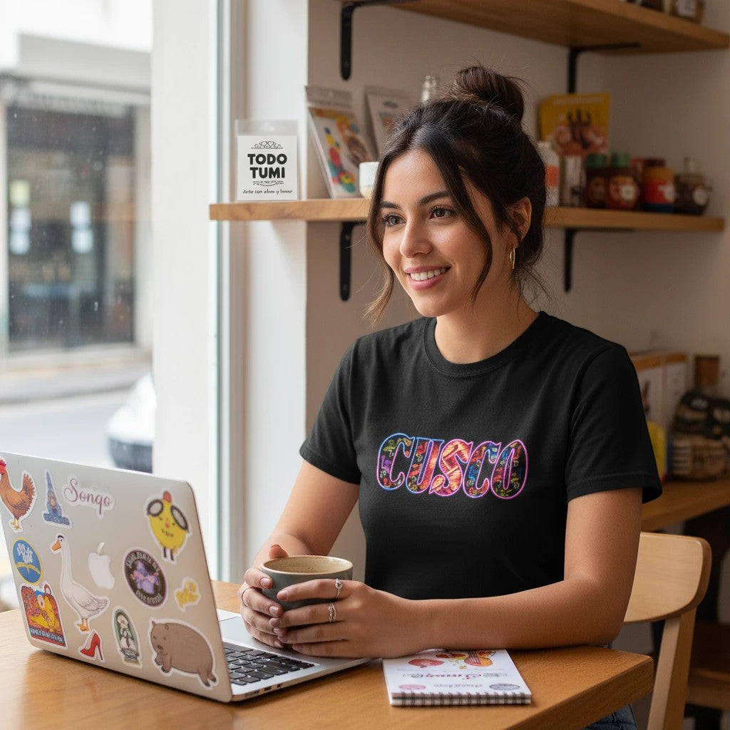 Woman wearing a black Todo Tumi Cusco Inti Raymi cotton t-shirt with colorful graphic lettering while at a cafe.