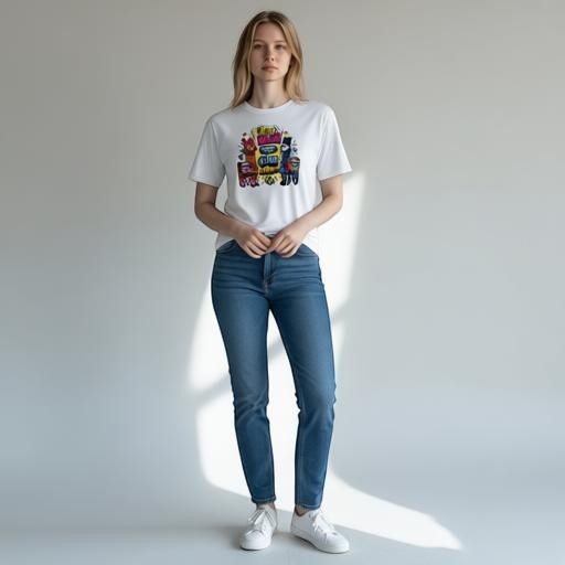 Woman wearing a white Todo Tumi cotton t-shirt with a colorful Cusco llama graphic print and blue jeans.
