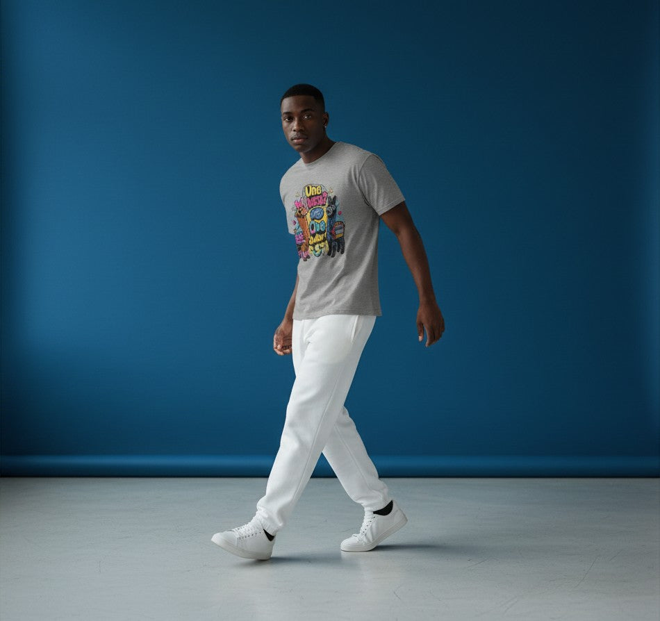 Todo Tumi gray cotton unisex t-shirt featuring a colorful Cusco llama graphic design worn by a man against blue wall.