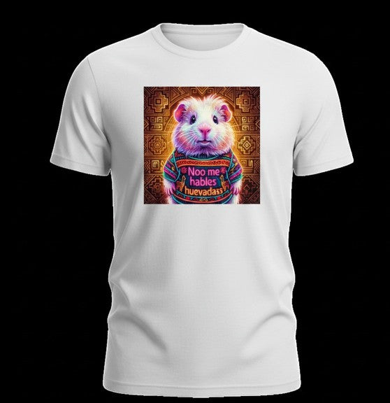 Todo Tumi white cotton unisex t-shirt featuring a graphic of a guinea pig in an Andean sweater with Peruvian text.