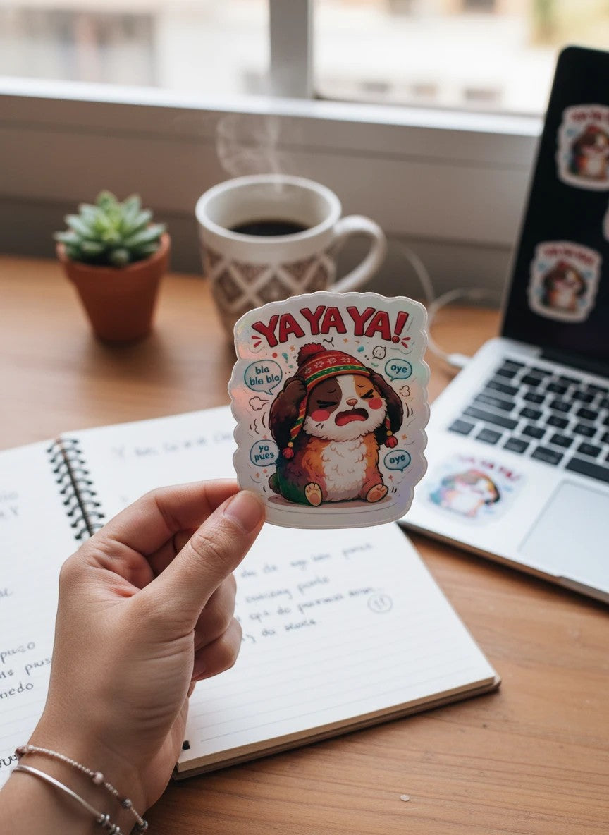Todo Tumi holographic laminated cuy sticker featuring a cute guinea pig in a Peruvian chullo hat saying Ya Ya Ya.