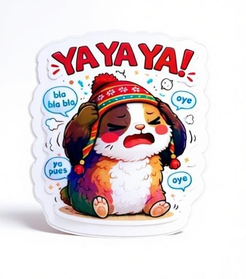 Todo Tumi holographic laminated sticker featuring a cute guinea pig in a Peruvian chullo hat saying Ya Ya Ya!