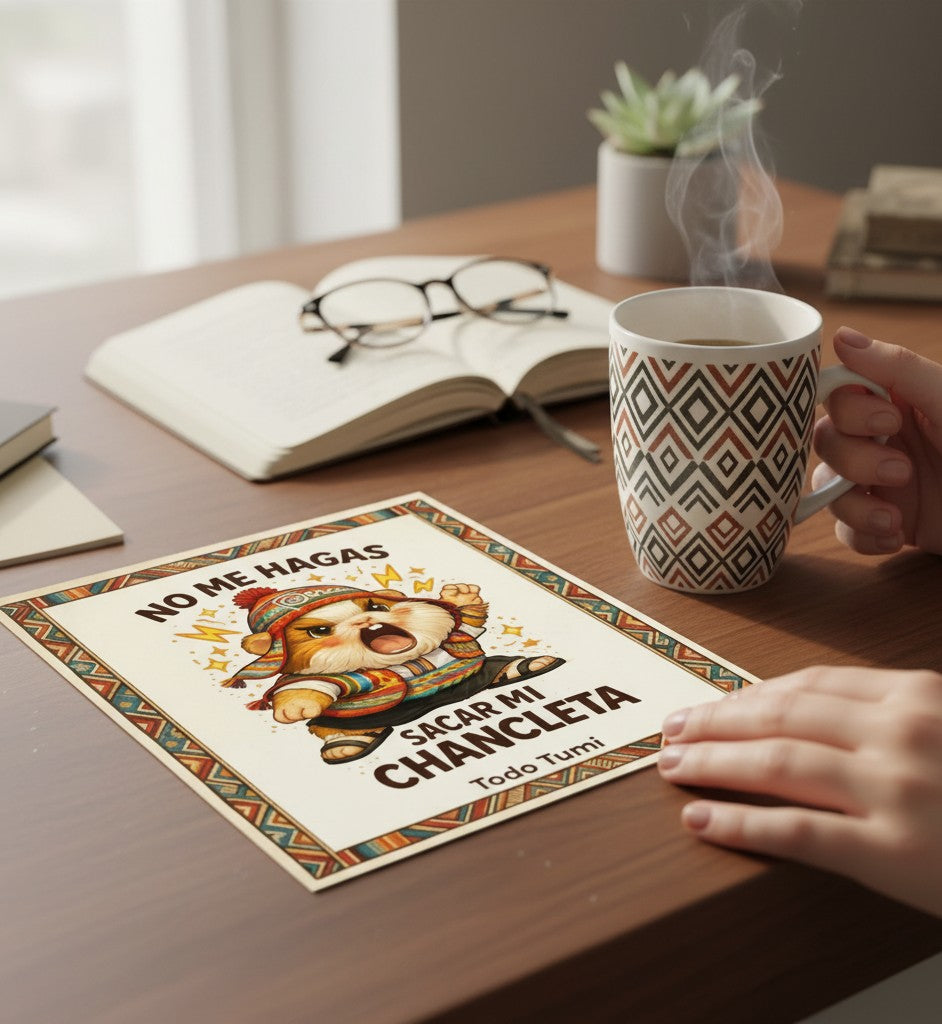 Todo Tumi postcard featuring an illustrated cuy in a chullo hat with the text No me hagas sacar mi chancleta.