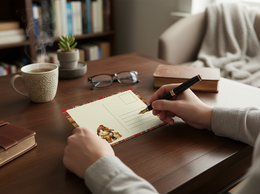 Todo Tumi postcard featuring an illustrated cuy wearing a chullo, being written on at a wooden desk.