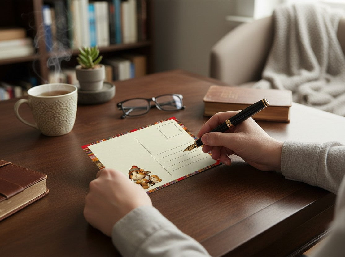 Todo Tumi postcard featuring an illustrated cuy wearing a chullo, being written on at a wooden desk.