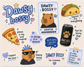 Todo Tumi Dawsy Bossy capybara sticker sheet with cute illustrations of tacos, pizza, and energy drinks.