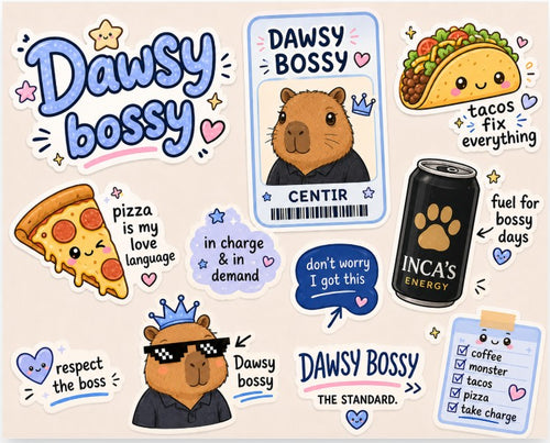 Todo Tumi Dawsy Bossy capybara sticker sheet with cute illustrations of tacos, pizza, and energy drinks.