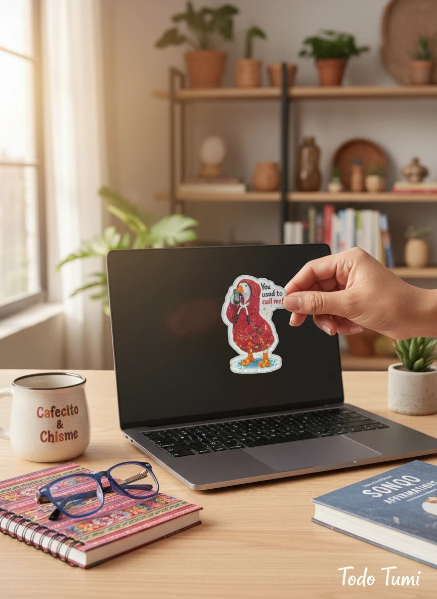 Todo Tumi holographic vinyl sticker of a duck in a red hoodie on a laptop, featuring the text You used to call me.