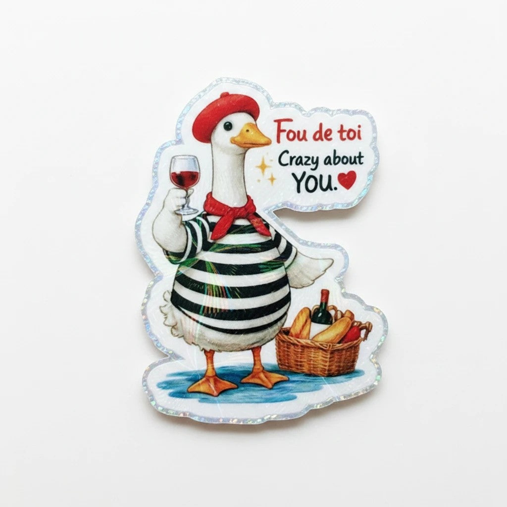 Todo Tumi holographic vinyl sticker featuring a French goose in a striped shirt, red beret, and wine with bread.
