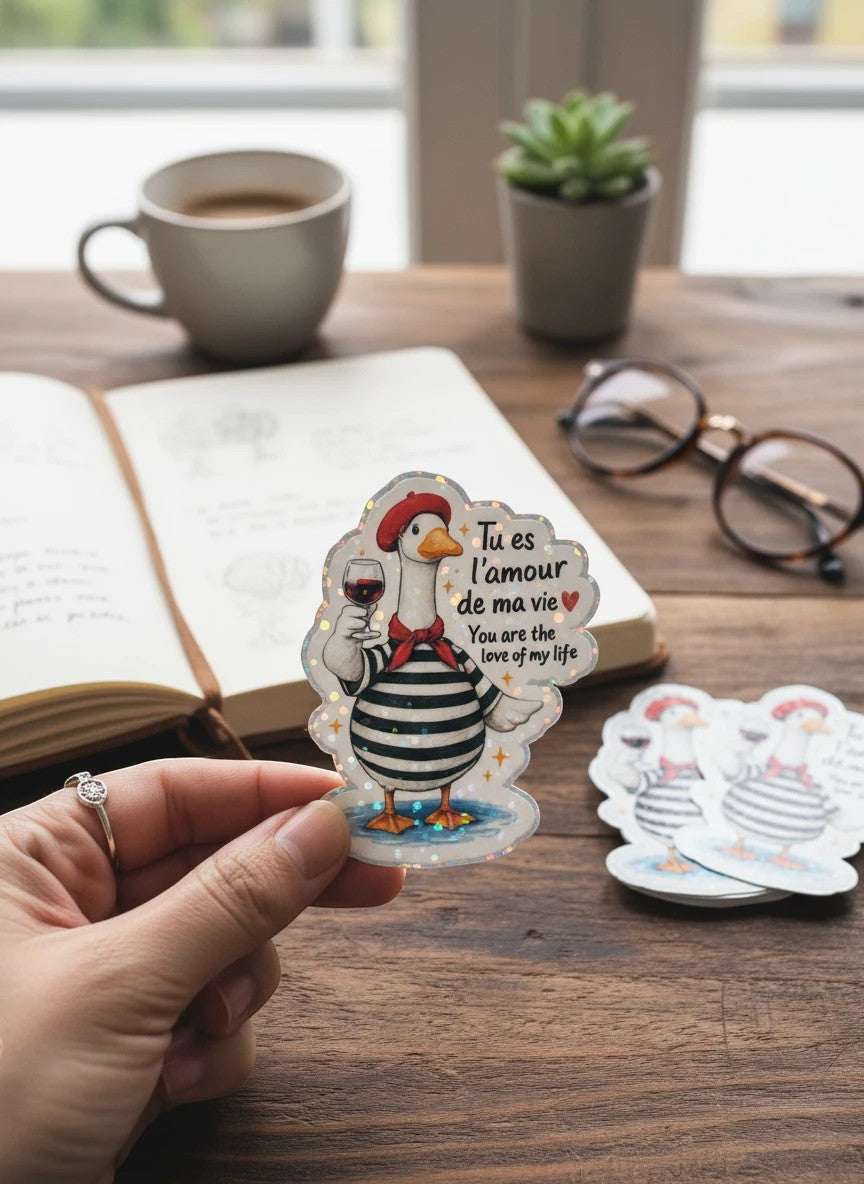 Todo Tumi holographic sticker featuring a French goose in a striped sweater and red beret holding a wine glass.