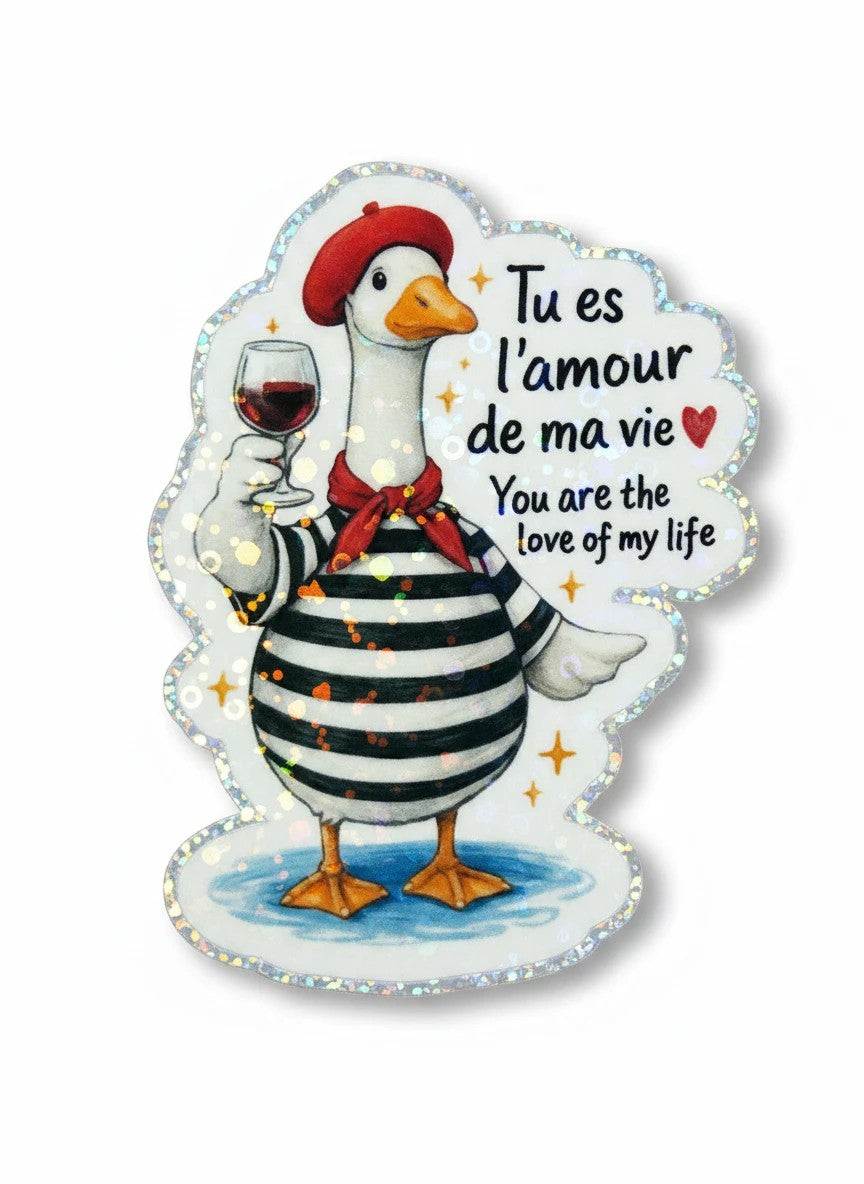 Todo Tumi holographic sticker featuring a French goose in a striped shirt, red beret, and wine glass with romantic text