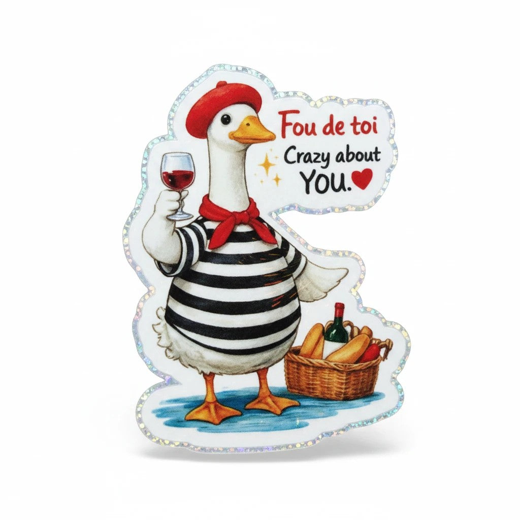 Todo Tumi holographic vinyl sticker featuring a French goose in a beret and striped shirt with wine and bread.