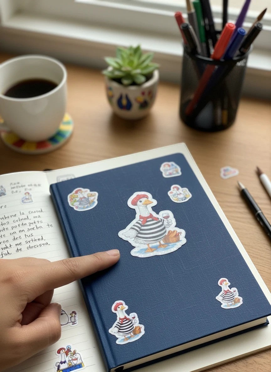 Todo Tumi holographic French goose sticker featuring a goose in a beret and striped shirt with wine on a blue journal