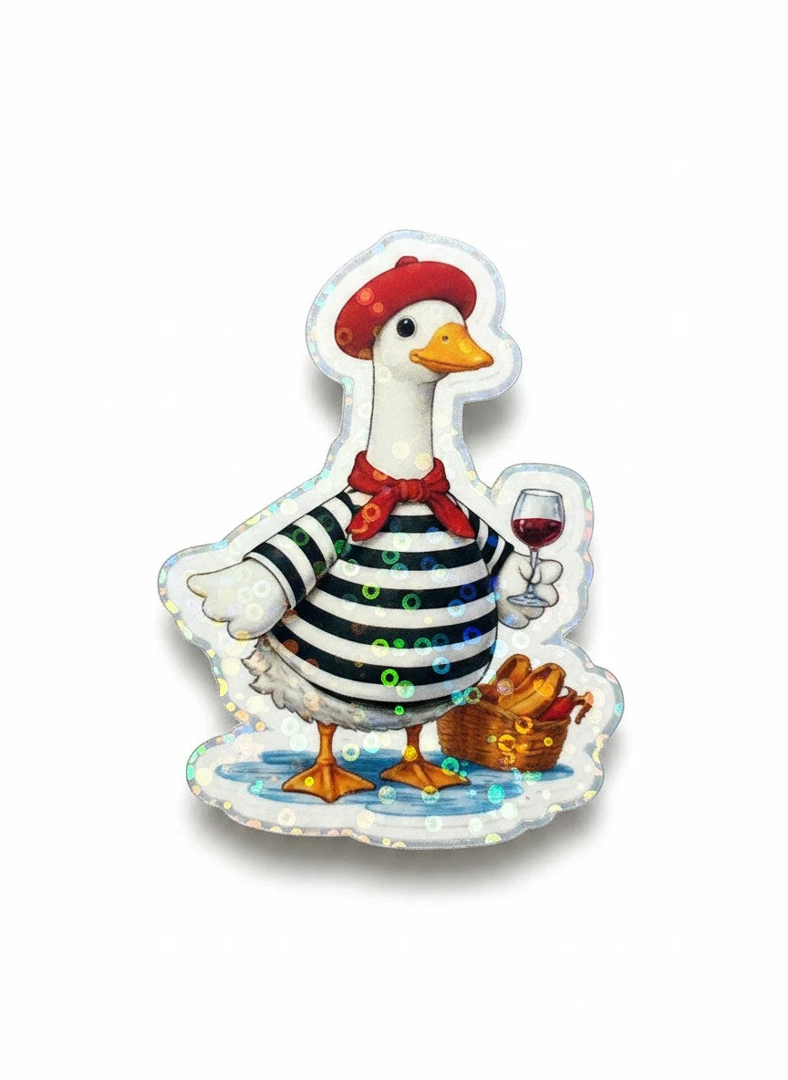 Todo Tumi holographic sticker featuring a French goose in a beret and striped shirt with wine and a baguette basket.