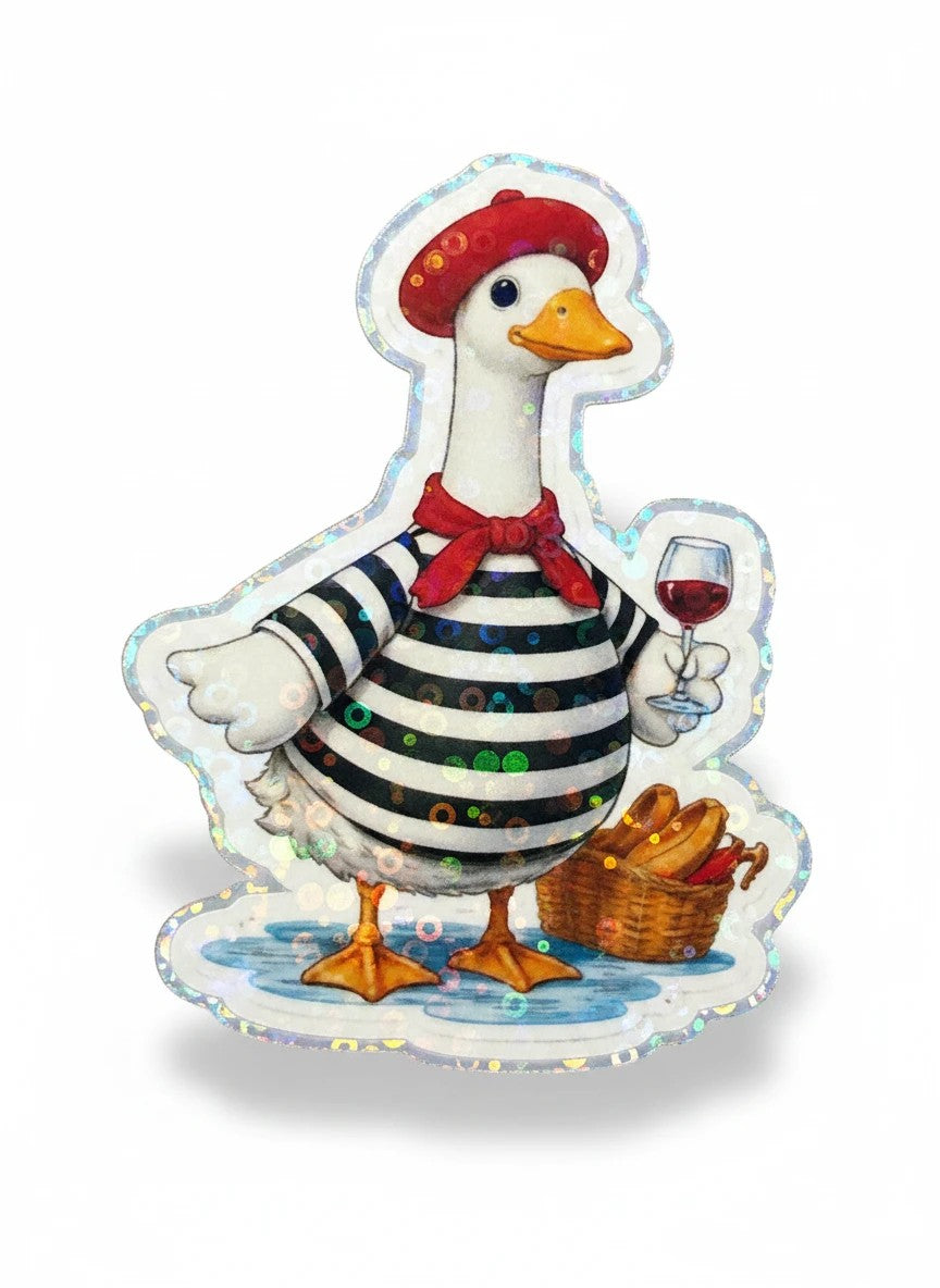 Todo Tumi holographic sticker featuring a French goose in a striped shirt, red beret, holding wine and a baguette.
