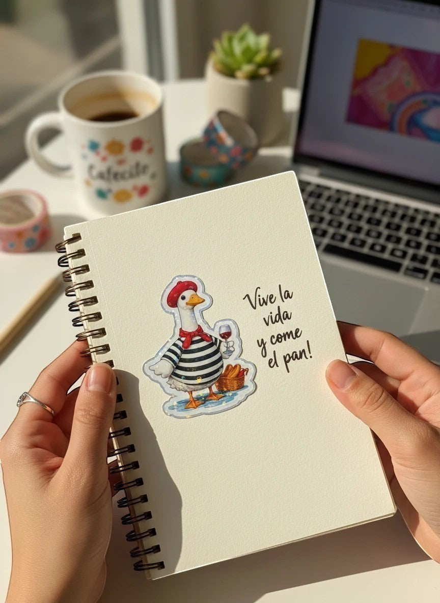 Todo Tumi holographic French goose sticker featuring a goose with wine and baguette on a spiral notebook.