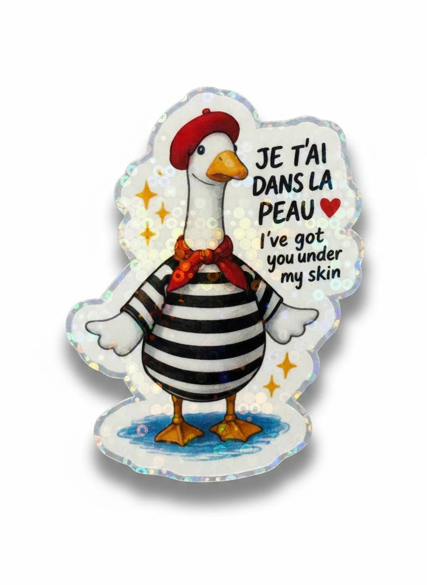 Todo Tumi holographic sticker featuring a goose in a striped shirt and red beret with French text and a heart.