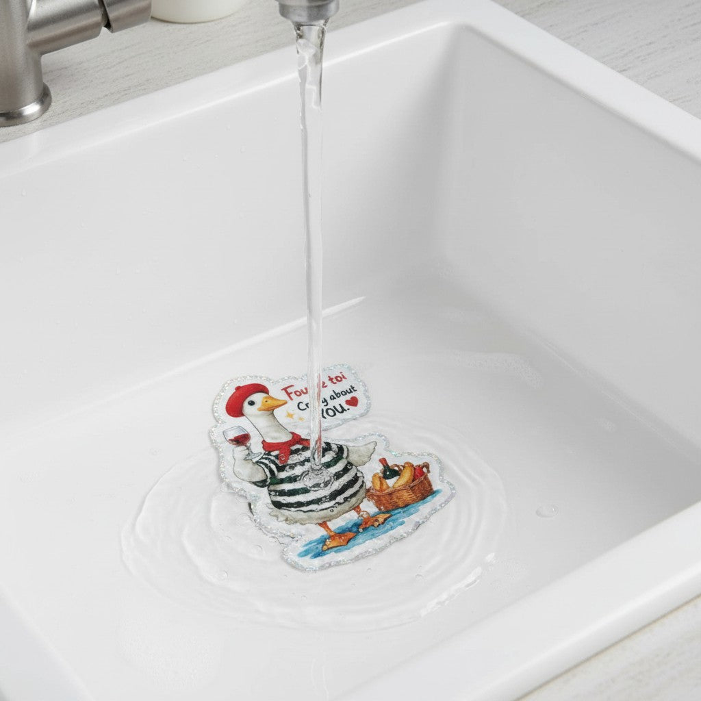 Todo Tumi waterproof holographic vinyl sticker featuring a French goose in a beret and striped shirt in a sink.