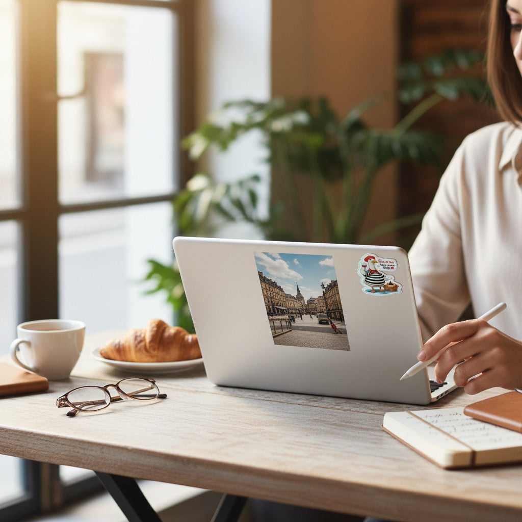 Todo Tumi holographic vinyl sticker featuring a French goose in a beret on a laptop in a cozy cafe setting.