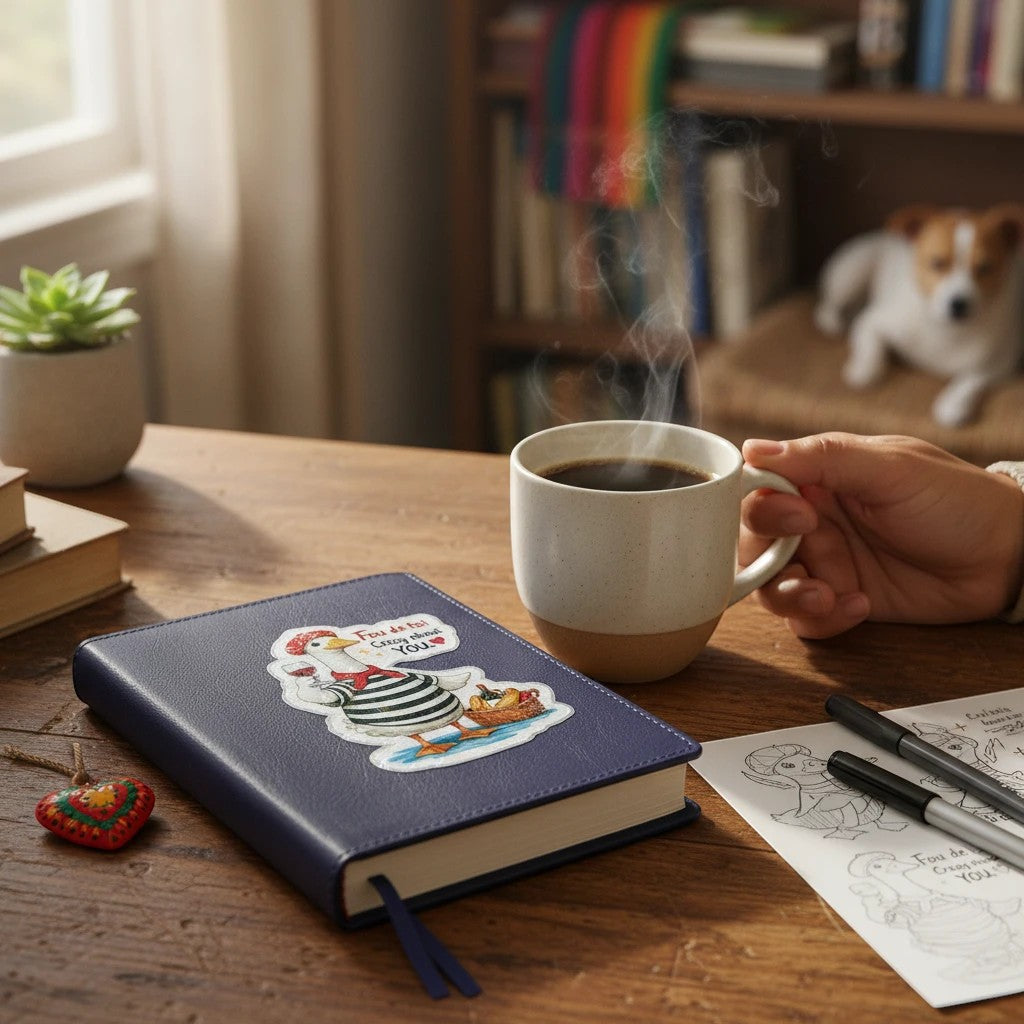 Todo Tumi holographic vinyl sticker of a French goose in a striped shirt and beret on a blue notebook.