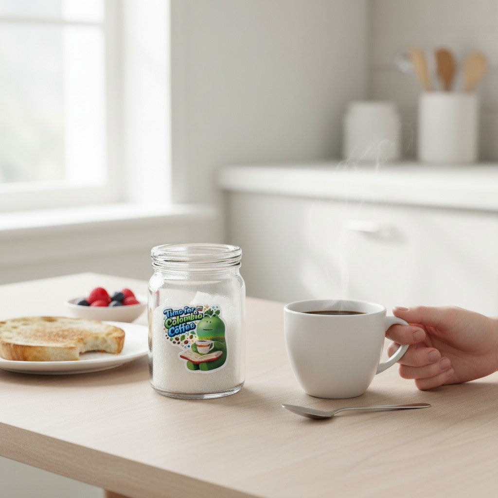 Todo Tumi laminated sticker featuring a cute green frog reading a book and drinking Colombian coffee on a glass jar.
