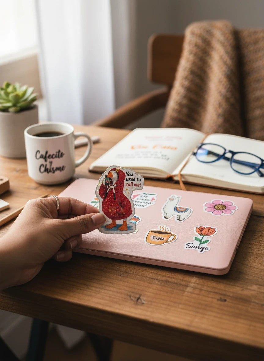 Todo Tumi holographic vinyl sticker of a duck in a red hoodie with the text You used to call me on a laptop