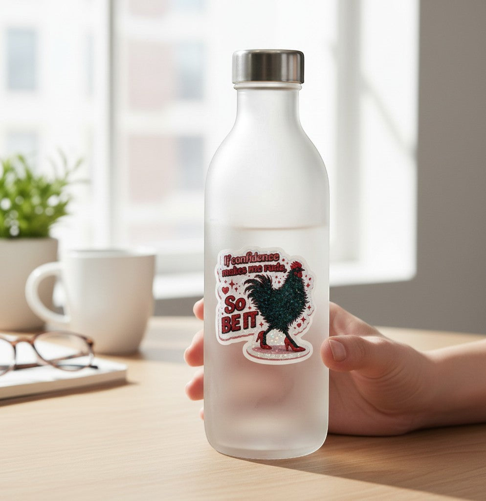 Todo Tumi sticker on a frosted water bottle featuring a black hen in red heels with the text If confidence makes me rude