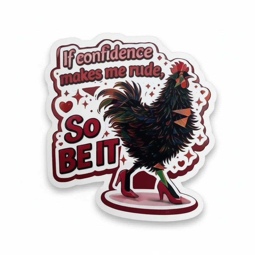 Todo Tumi die-cut sticker featuring a black hen in red high heels with the text If confidence makes me rude, So BE IT.