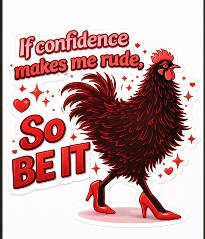 Todo Tumi sticker featuring a black hen in red high heels with the text If confidence makes me rude, So BE IT.