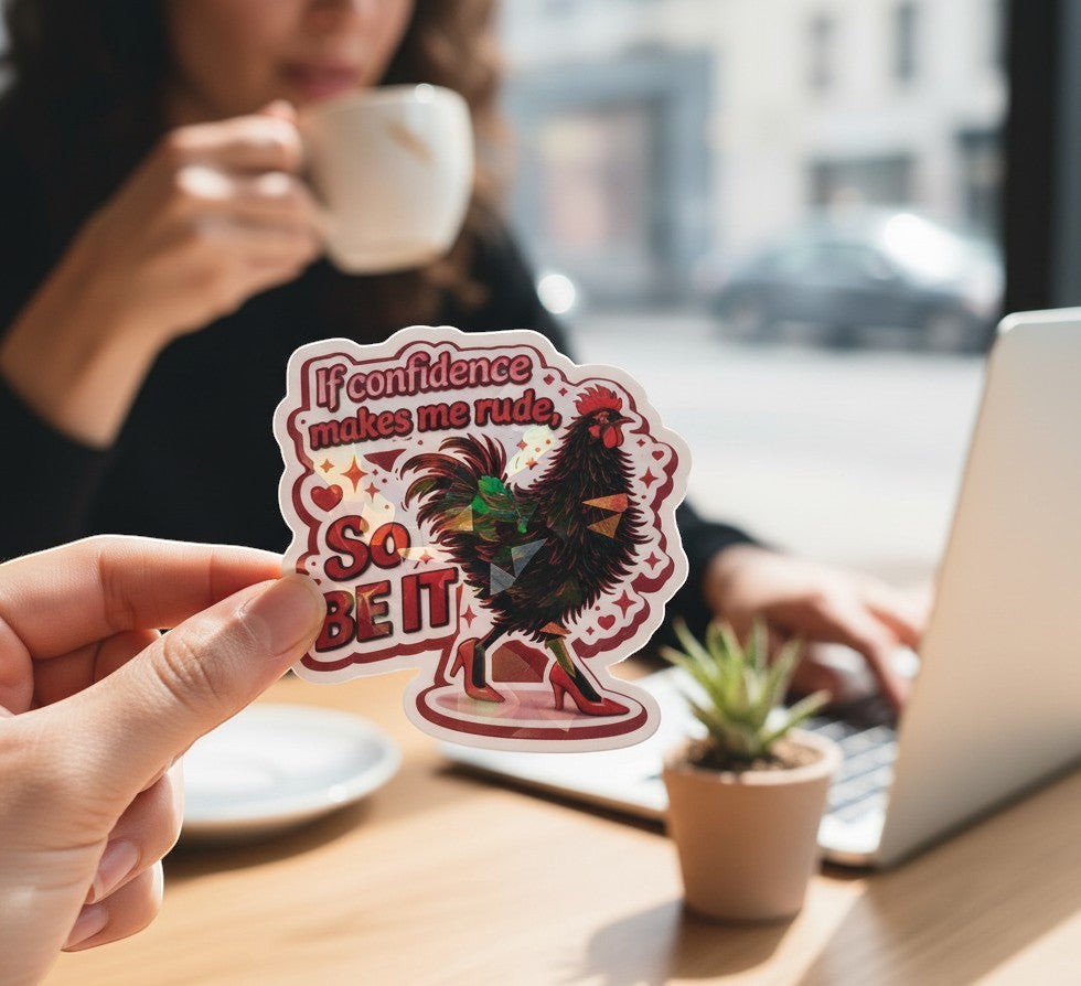 Todo Tumi holographic sticker featuring a black hen in red heels with the text If confidence makes me rude, So BE IT.