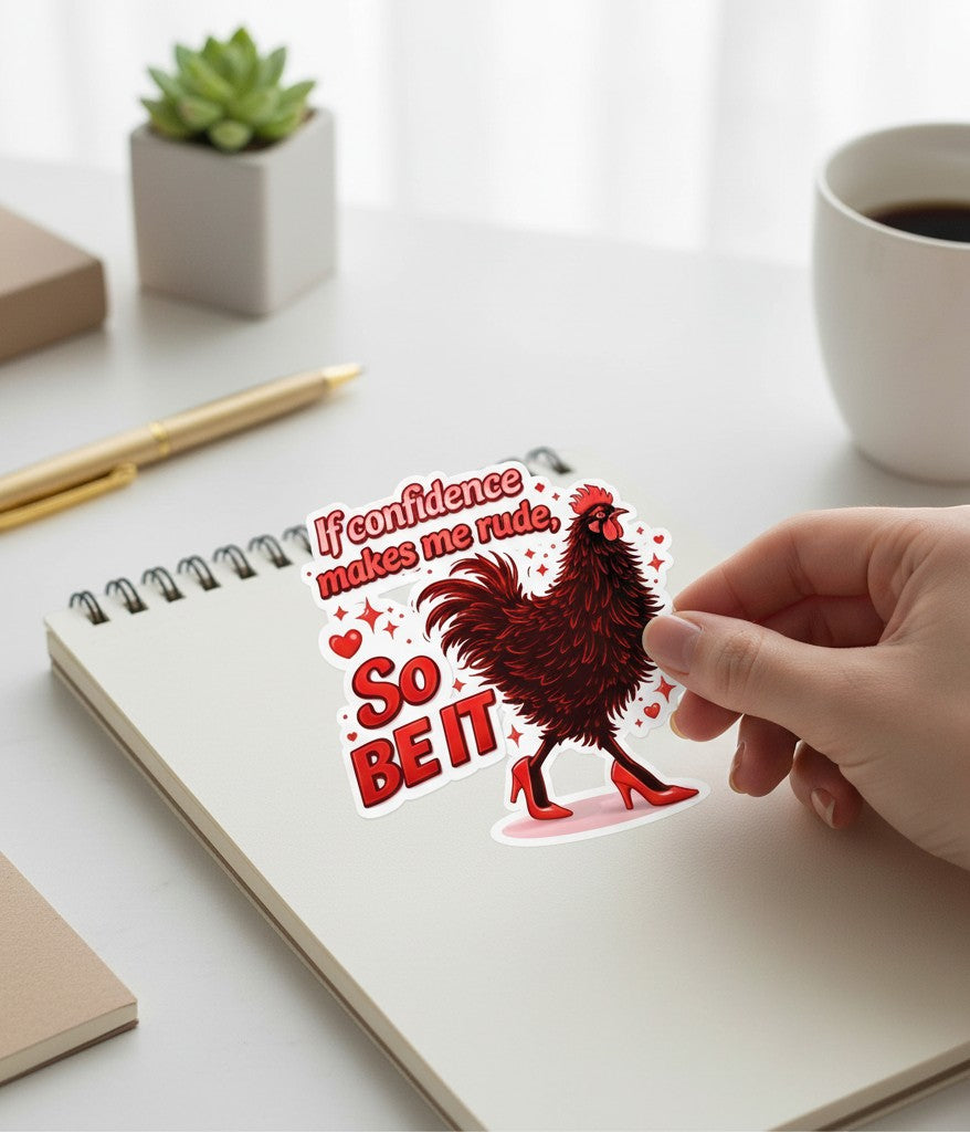 Todo Tumi sticker featuring a black hen in red high heels with the text If confidence makes me rude, So BE IT.