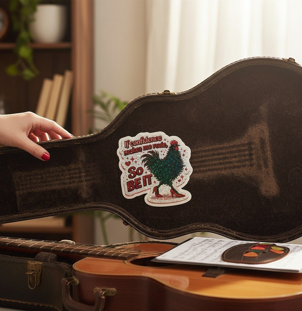 Todo Tumi holographic sticker featuring a black hen in red heels with the text If confidence makes me rude, So BE IT.