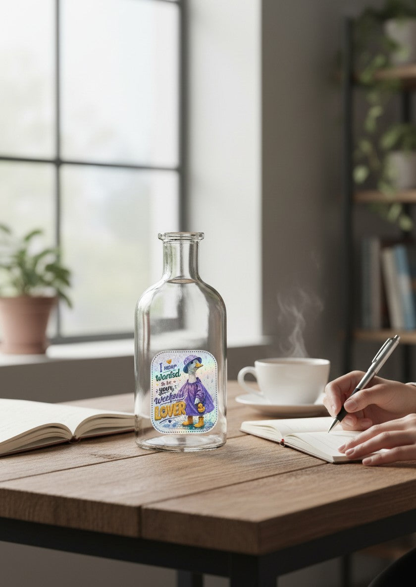 Todo Tumi holographic sticker featuring a goose in a purple raincoat and yellow boots on a glass bottle.