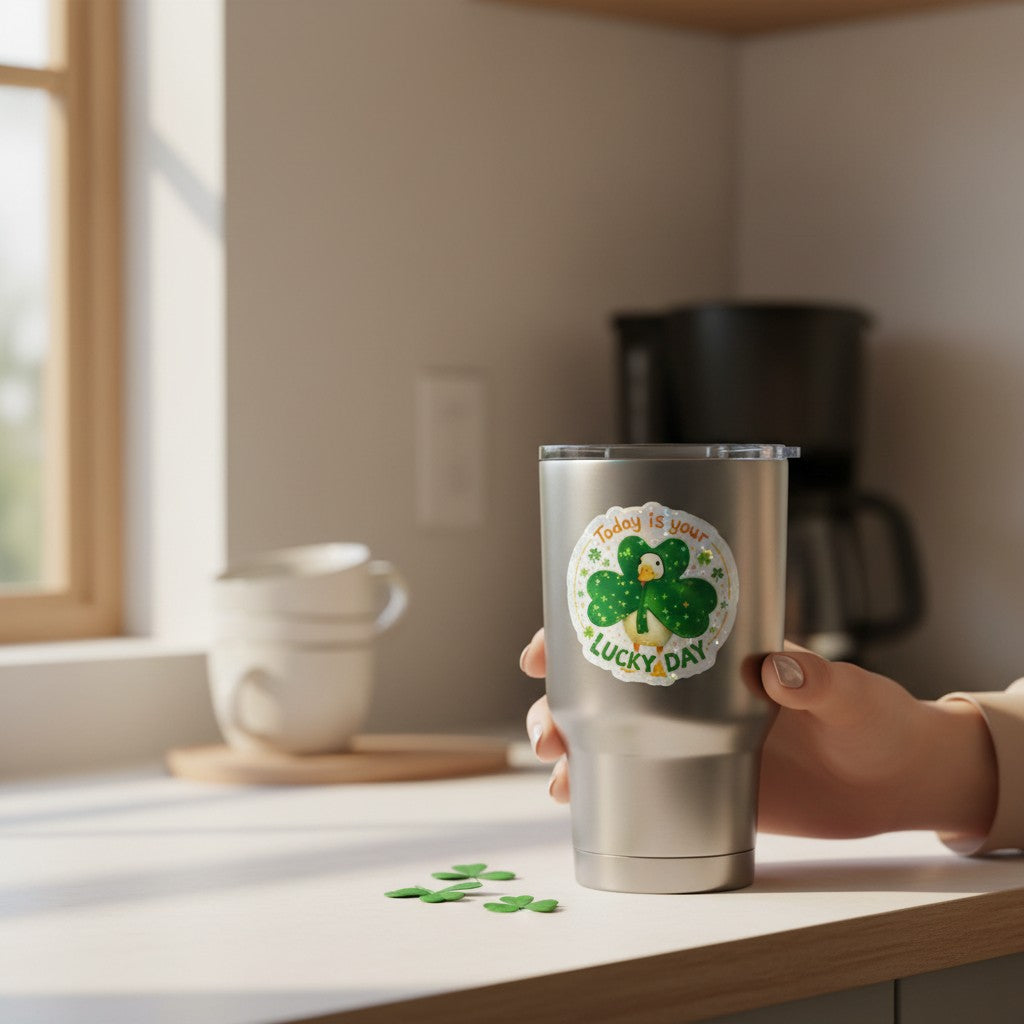 Todo Tumi holographic sticker featuring a cute goose in a shamrock on a stainless steel tumbler.