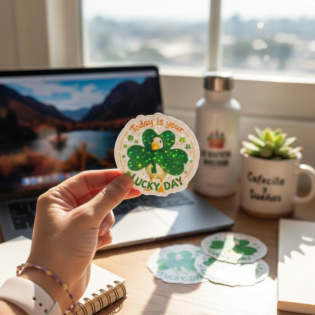 Todo Tumi holographic sticker featuring a cute goose inside a green shamrock with the text Today is Your Lucky Day