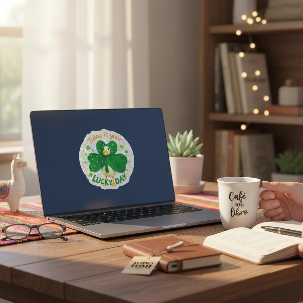 Todo Tumi holographic sticker featuring a cute goose inside a green shamrock with the text Today is your Lucky Day.