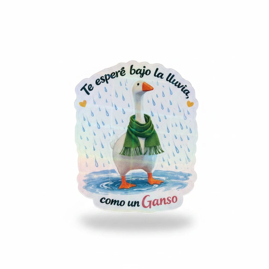 Todo Tumi waterproof laminated sticker featuring a white goose in a green scarf standing in the rain with Spanish text.