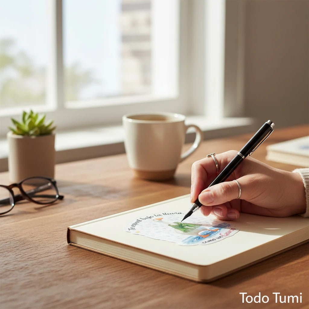 Todo Tumi laminated goose sticker with a green scarf in the rain, applied to a notebook on a wooden desk.