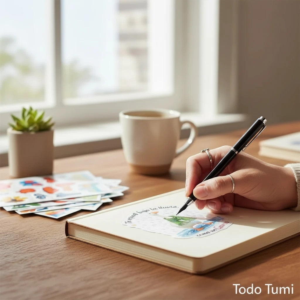 Todo Tumi laminated goose sticker featuring a goose in a green scarf in the rain, applied to a notebook on a desk.